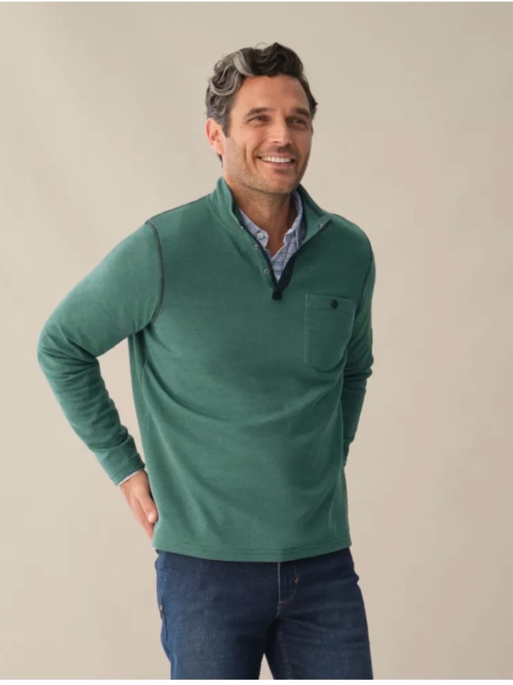 L.L.Bean Bold Coast Pullover Men's M Teal Green Textured Snap Mock Neck